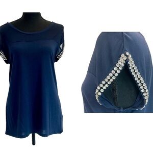 INTERNATIONAL concepts navy blue crystal rhinestone gem jewelled mesh T-shirt